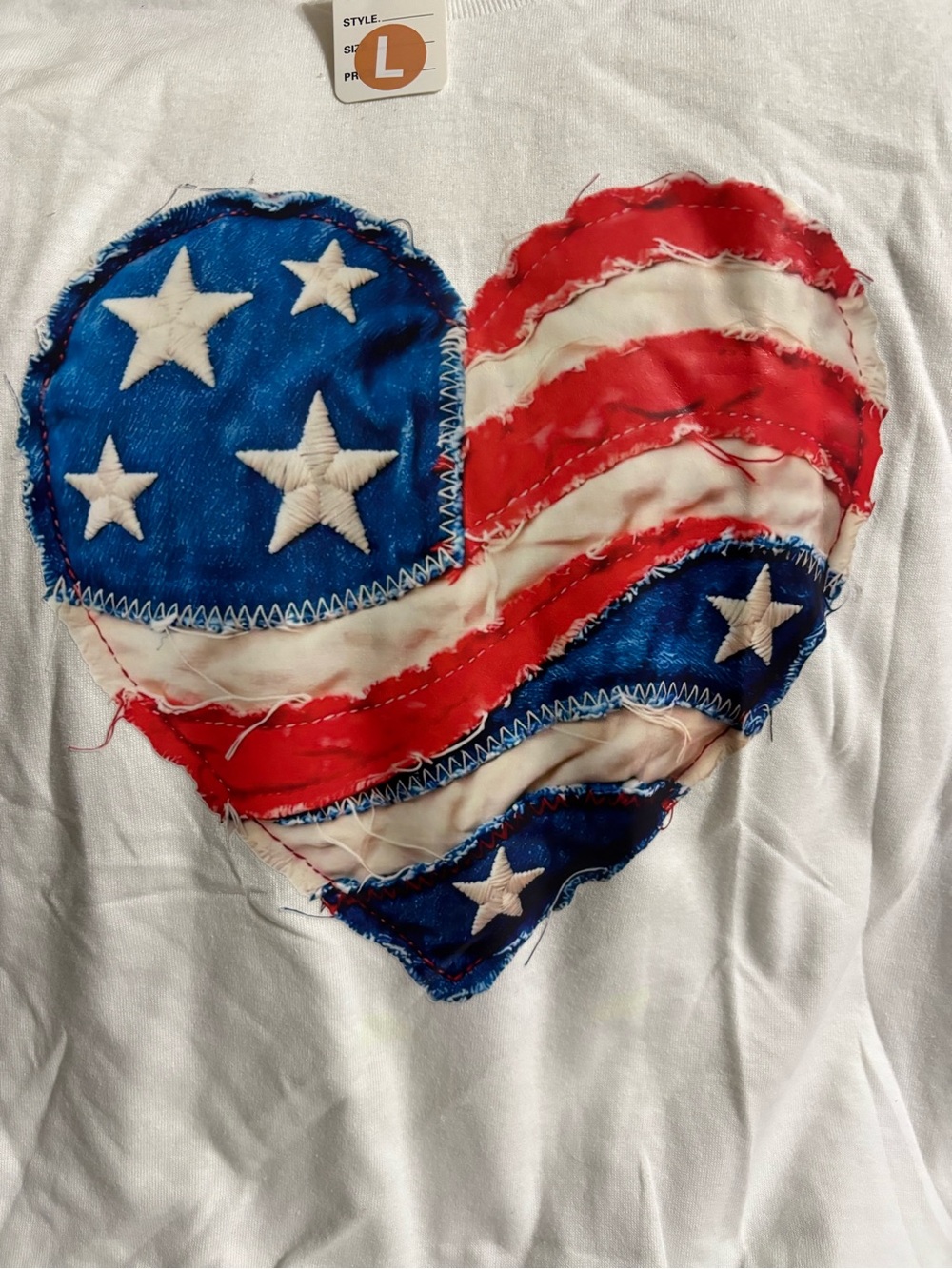 NEW White Tee with American Flag Heart Patch size Large